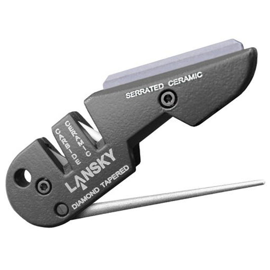 Four sharpeners in one. Includes tungsten carbide sharpener, ceramic rods, serrated blade sharpener and diamond tapered rod. Lanyard hole. www.moralepatches.com.au