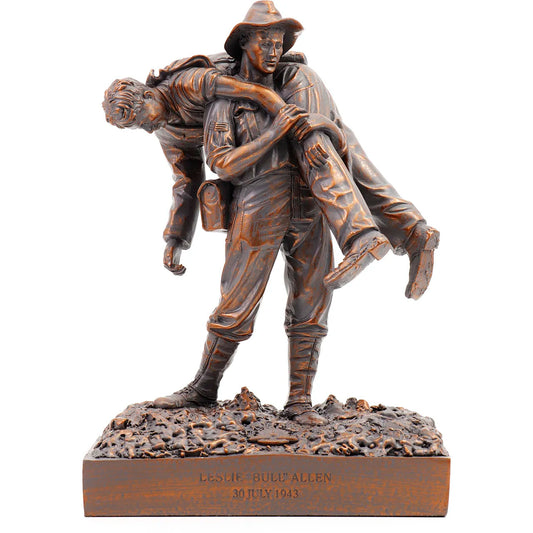Introducing the Leslie Bull Allen Spirit of Mateship Figurine, a remarkable tribute to an extraordinary act of valor and camaraderie. Crafted with precision from cold cast bronze, this figurine immortalizes a defining moment in history. www.moralepatches.com.au