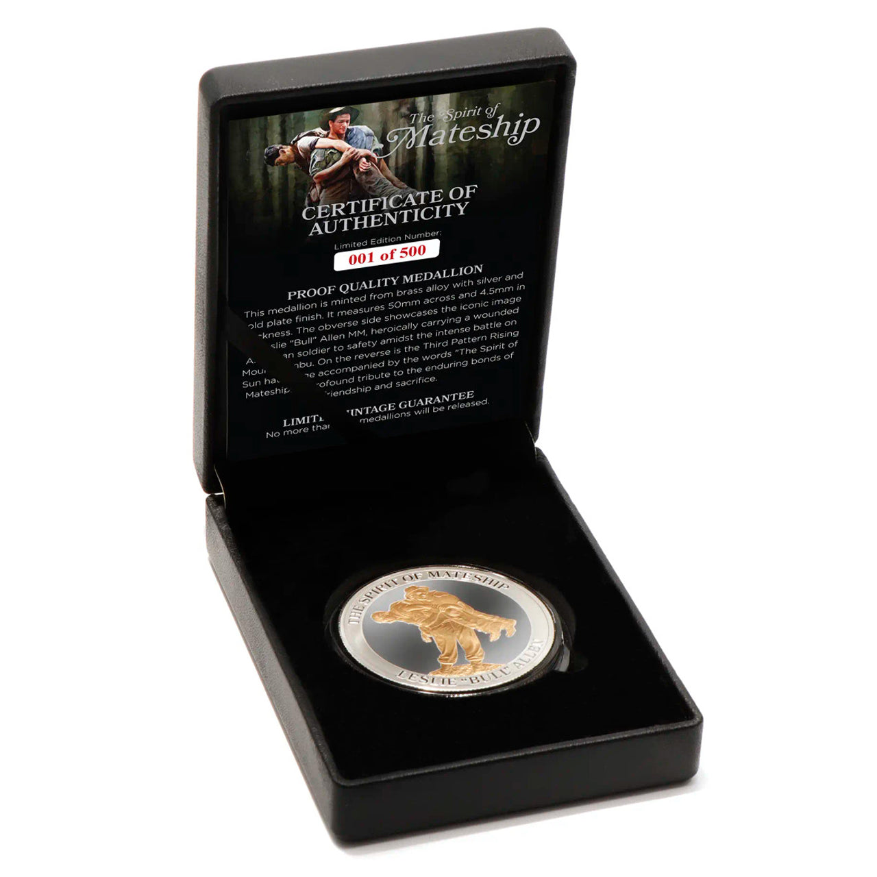 The Leslie Bull Allen Spirit of Mateship Limited Edition Medallion is a tribute to an extraordinary act of bravery and camaraderie. Crafted with meticulous attention to detail, this medallion captures a moment of valour that exemplifies the enduring bonds forged in times of adversity. www.moralepatches.com.au