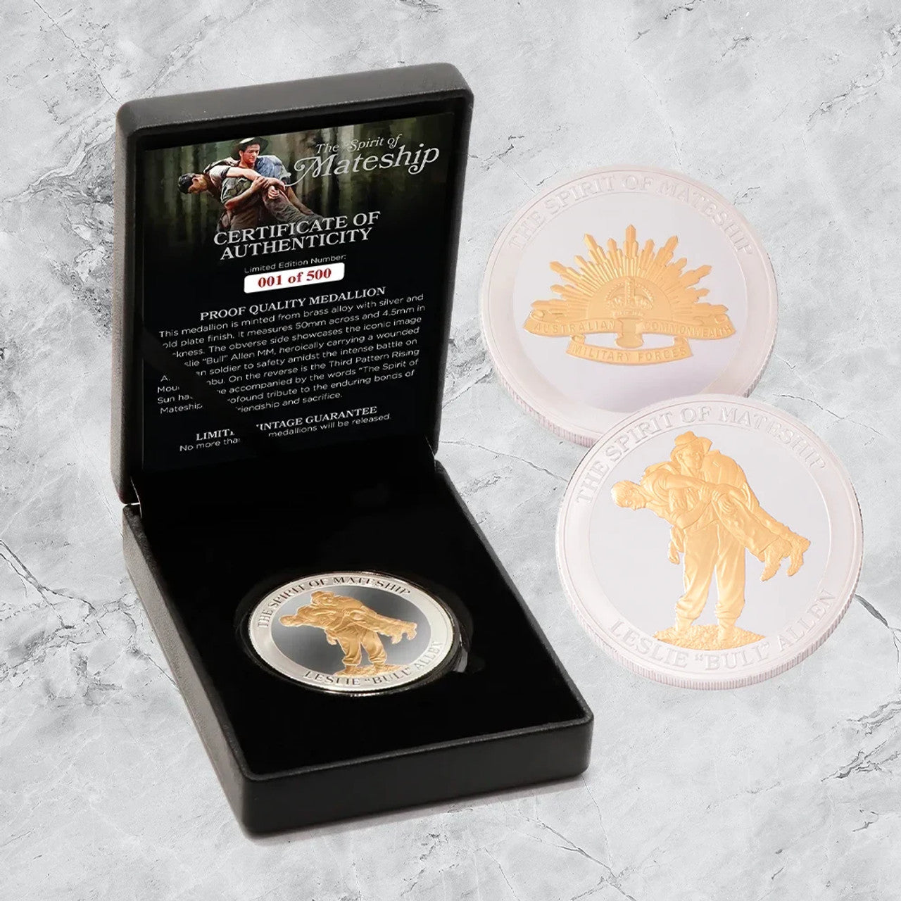 The Leslie Bull Allen Spirit of Mateship Limited Edition Medallion is a tribute to an extraordinary act of bravery and camaraderie. Crafted with meticulous attention to detail, this medallion captures a moment of valour that exemplifies the enduring bonds forged in times of adversity. www.moralepatches.com.au