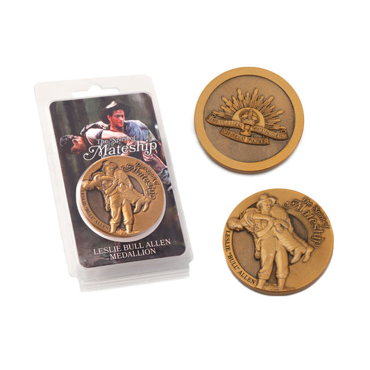 The Leslie Bull Allen Spirit of Mateship Medallion is a distinguished symbol of bravery and solidarity that pays homage to an extraordinary act of heroism. Crafted with meticulous attention to detail, this 48mm oxy brass medallion is a collector's delight. www.moralepatches.com.au