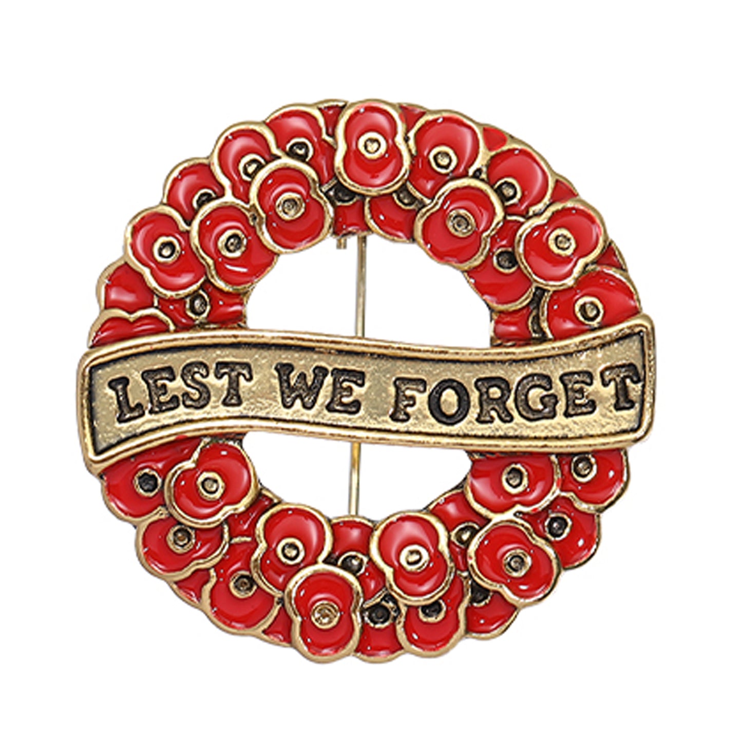 Honour the fallen with the Lest We Forget Poppy Wreath Gold Front Brooch—a striking tribute that blends timeless remembrance with contemporary style. This exquisite 28mm brooch features a multi-dimensional design with deep translucent red petals set against luxurious gold plating, creating a piece that commands attention and respect. www.moralepatches.com.au