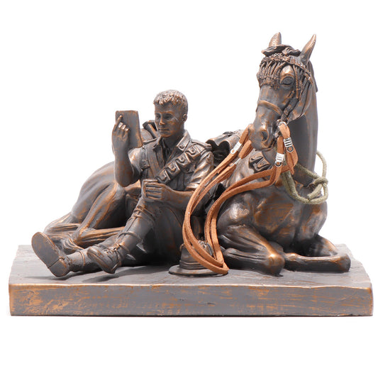 An eagerly awaited letter from home allows a Light Horseman a moment of rest with his ever-curious mount. News from home, much anticipated due to the many months awaiting the arrival of a letter, often provided a great boost of morale for the young men living in uncomfortable and dangerous conditions alongside their loyal mounts. This shared quiet moment helps to capture the little comforts and the strong bond formed between rider and mount. www.moralepatches.com.au
