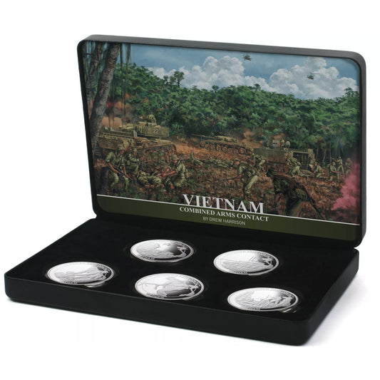 The Vietnam 1969 Combined Arms Contact Limited Edition Medallion Set is a true collector's item. Each medallion in this set is meticulously crafted from brass alloy and finished in highly polished and frosted silver. www.moralepatches.com.au