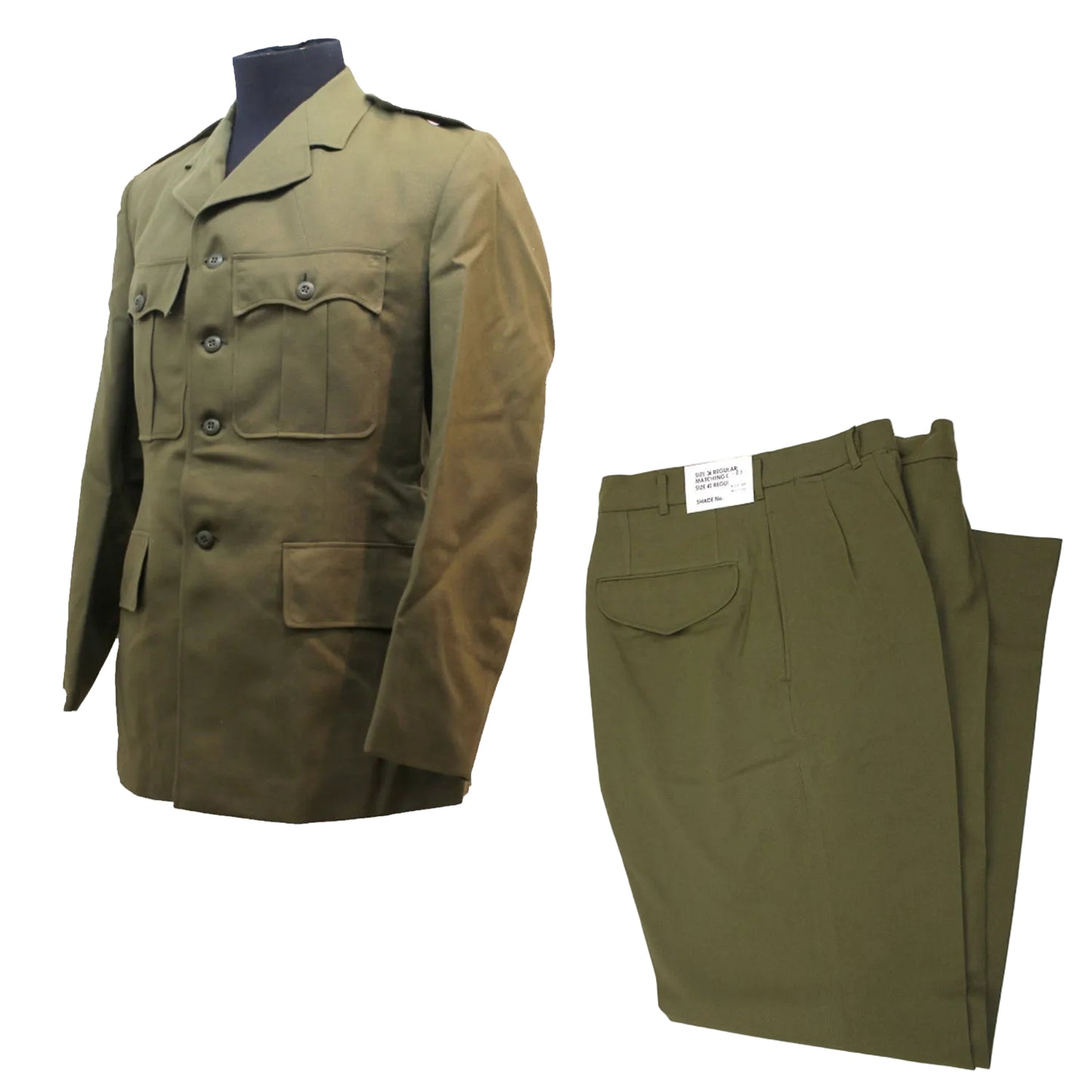 Original Australian Army Service Dress Uniform.&nbsp; Unissued
Dated from the 1960's through to the 1990's
Sizes are shown as chest size for the jacket in inches.
Matching trousers are listed below.&nbsp; Sorry but we can not swap sizes around all sets are sold as is. www.moralepatches.com.au