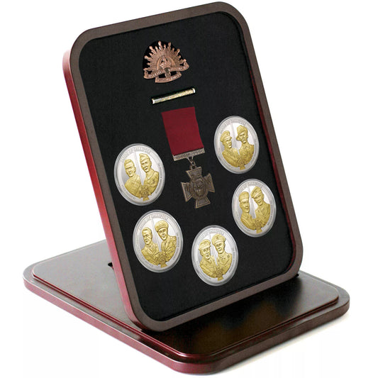 The stunning Men of Valour Sands of Gallipoli 2010 release Five Limited Edition Medallions Set from the military specialists. Set of five proof quality double sided medallions minted from brass alloy and finished in highly polished silver and gold with images of the 10 Victoria Cross recipients on one side and a gold plated 1904 Rising Sun hat badge on the other. www.moralepatches.com.au