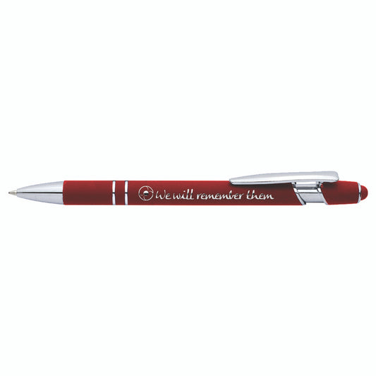 We will remember them- bring remembrance into everyday with this striking Metal Pen. This bright and elegant pen with laser engraved touches and touchscreen stylus is a handsome addition to daily life or your collection. www.moralepatches.com.au