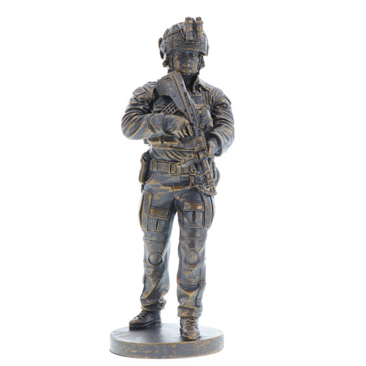 The modern Australian soldier figurine is a true representation of cutting-edge military technology used by the ADF. Standing at approximately 20cm tall, this figurine showcases the EF 88 assault rifle, an enhanced version of the F 88 Austeyr, equipped with advanced Night Fighting Equipment. www.moralepatches.com.au