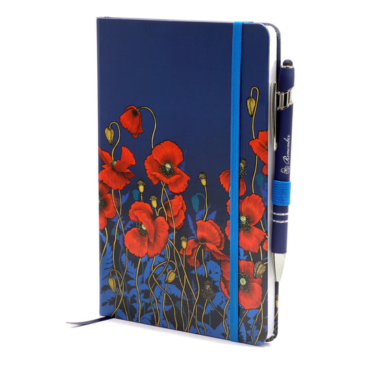 A beautiful notebook and pen set featuring the vibrant poppies from the sensational artwork 'Where the Poppies Grow' by Australian artist Adriana Seserko. www.moralepatches.com.au