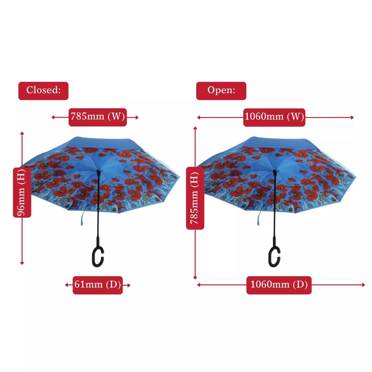 The windproof inverted umbrella featuring the stunning poppies artwork from the collection "Where the Poppies Grow" by Australian artist Adriana Seserko is a practical and stylish accessory for rainy days. This umbrella is designed to withstand strong winds and has a unique folding mechanism that keeps the wet part inside when folded. Stay dry and fashionable with this umbrella. www.moralepatches.com.au