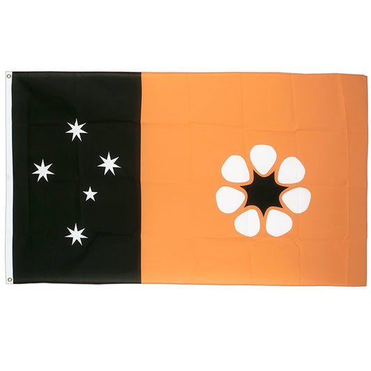 Adopted after self governance was granted on July 1st 1978, this flag consists of the Territorian colours of red, white and ochre. The Southern Cross appears as five white panels stars on a black panel at the hoist, while ochre fills the remainder of the flag. Set on the ochre backdrop in the fly is a Sturts Desert rose, the Territorian Flower – www.moralepatches.com.au