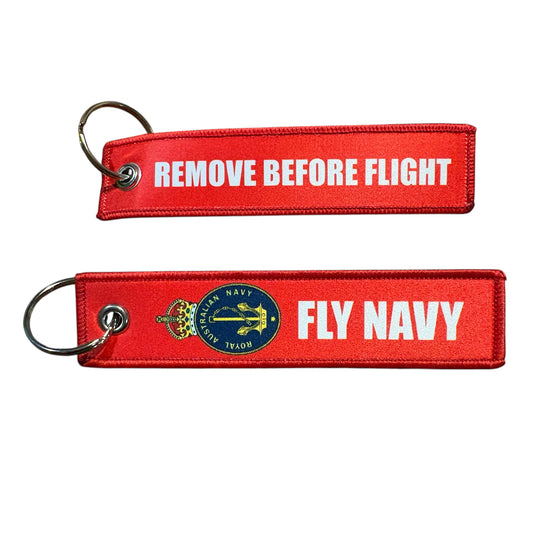 Keep your keys secure and add a touch of military pride with this authentic Navy Key Tag. Featuring bold embroidered Navy insignia and the iconic "Remove Before Flight" wording, it's a practical accessory that makes a statement. www.moralepatches.com.au