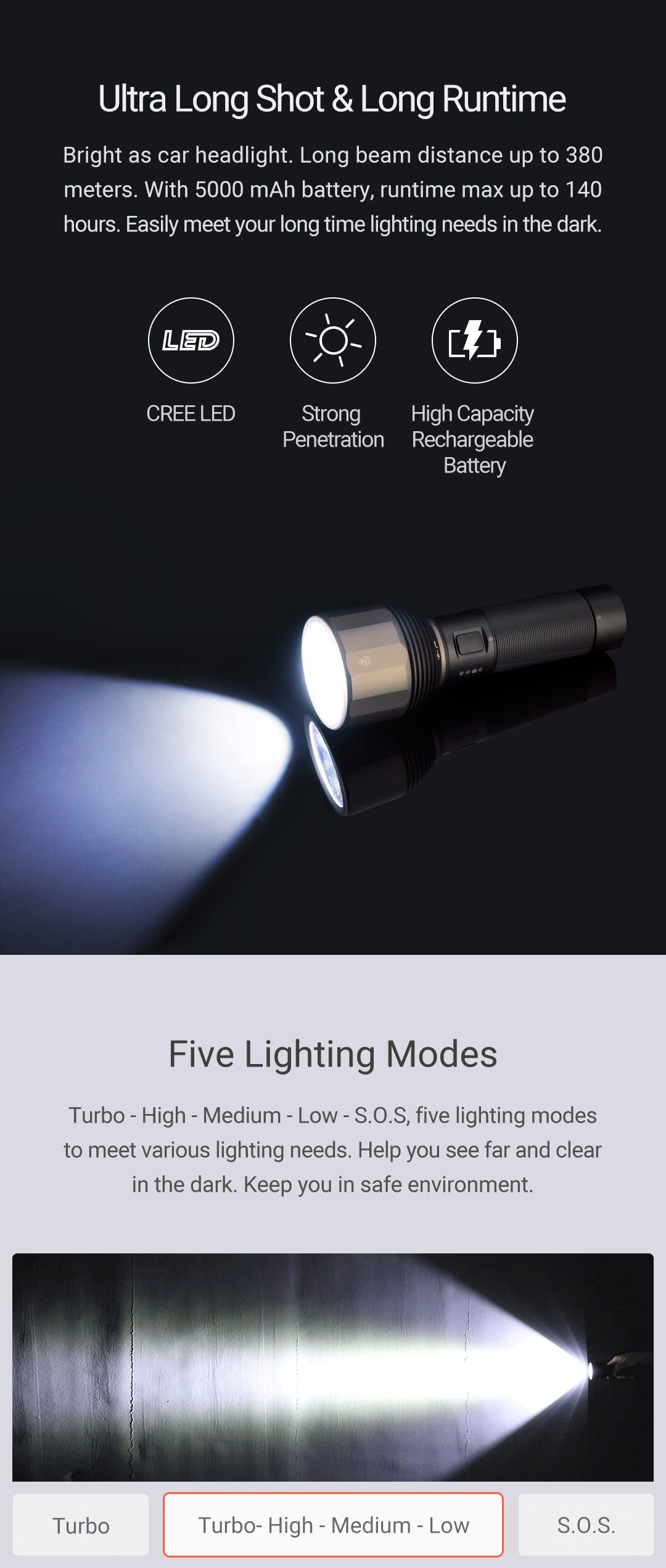 E-Series Rechargeable Torch Long Range High Beam, 6 Modes MAX Lumen: 2000lm MAX Distance: 380m Runtime: HIGH 3h / LOW 140h Battery: 1 x 26650 Battery (Included) Light Source: White Light LED Size: 164 (L) x 59 (Head D) x 34mm (Body D) / Weight: 265g Impact Resistance: 1m / Water Resistance: IPX7 (1m Underwater) www.moralepatches.com.au