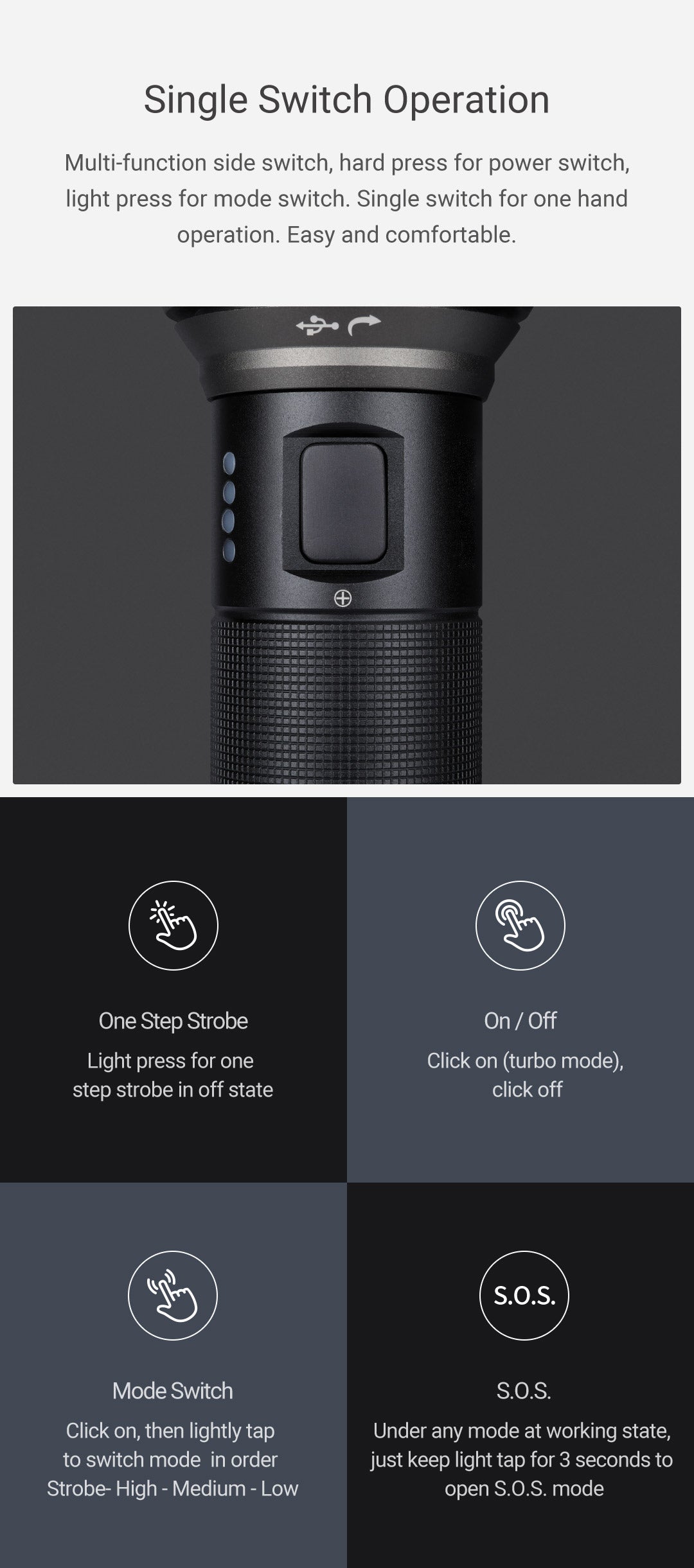 E-Series Rechargeable Torch Long Range High Beam, 6 Modes MAX Lumen: 2000lm MAX Distance: 380m Runtime: HIGH 3h / LOW 140h Battery: 1 x 26650 Battery (Included) Light Source: White Light LED Size: 164 (L) x 59 (Head D) x 34mm (Body D) / Weight: 265g Impact Resistance: 1m / Water Resistance: IPX7 (1m Underwater) www.moralepatches.com.au