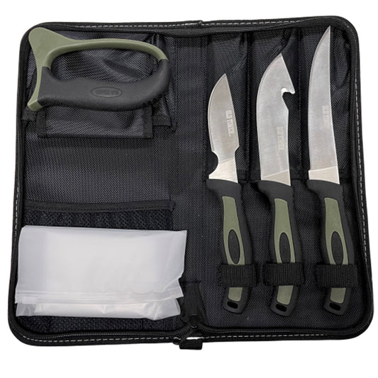 Old Timer Field Dressing Kit has the necessary tools a hunter needs to throw in his pack and process game in the field in one convenient location. Each knife is designed with a comfort grip rubber handle and an included sharpener for repeated use. www.moralepatches.com.au