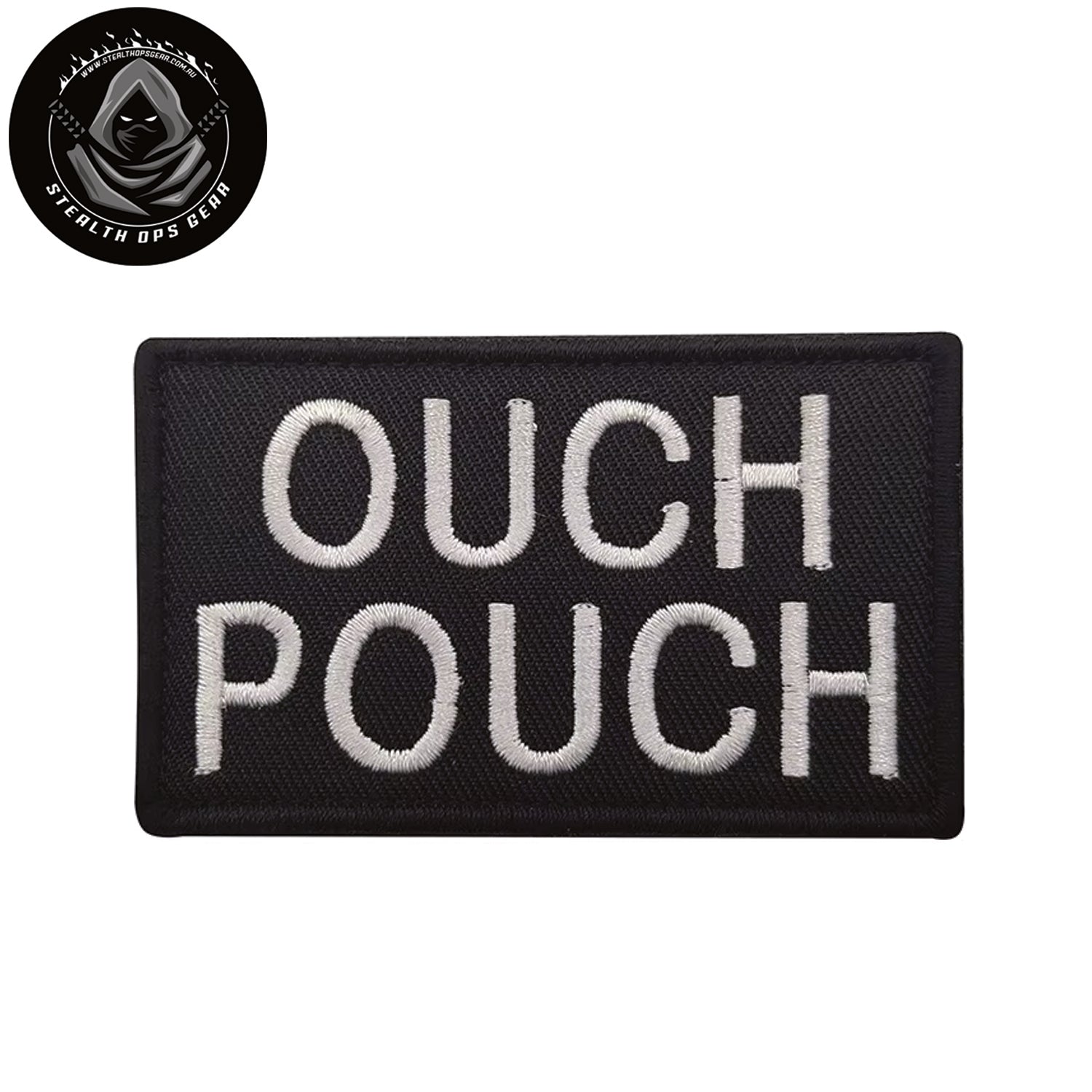 The Ouch Pouch White Thread Black Embroidery Morale Patch - Stealth Ops Gear , measuring 8x5cm, is a striking and durable addition to personalize your gear with style and toughness. www.moralepatches.com.au
