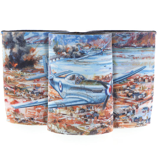 With a beautiful depiction of P-51D Mustangs of 77 Squadron titled "Cutting the Lines" and a schematic of the aircraft in the base, this eye-catching cooler is perfect for keeping your drinks cold. Limited to only 1000 worldwide, it is a rare find that is sure to impress. Made from durable neoprene, this cooler captures the aircraft perfectly with schematics and limited edition details inside. www.moralepatches.com.au