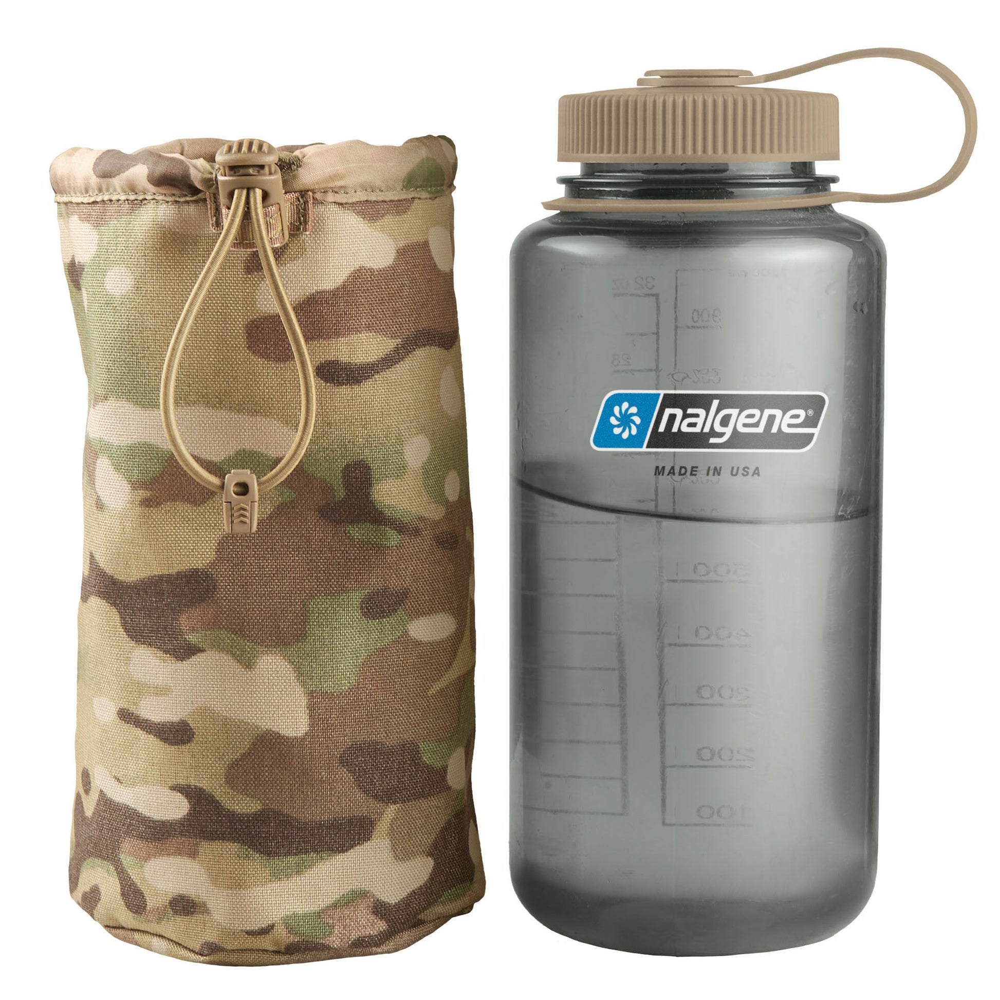 The Nalgene Bottle Pouch is designed to hold a 32oz wide or narrow mouth Nalgene 1L bottle, a 1L flask. It features a bungee drawcord to secure the water bottle. www.moralepatches.com.au