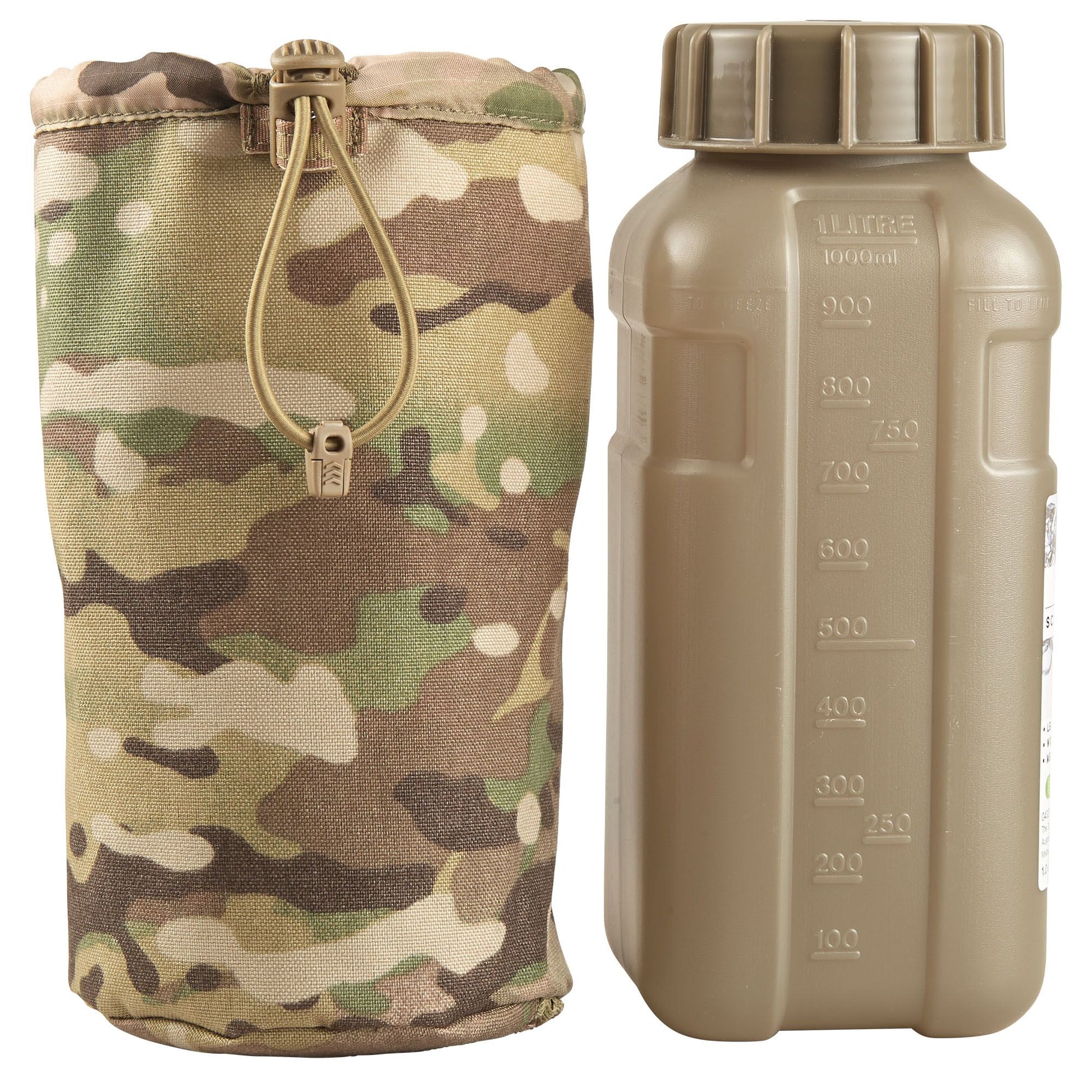 The Nalgene Bottle Pouch is designed to hold a 32oz wide or narrow mouth Nalgene 1L bottle, a 1L flask. It features a bungee drawcord to secure the water bottle. www.moralepatches.com.au