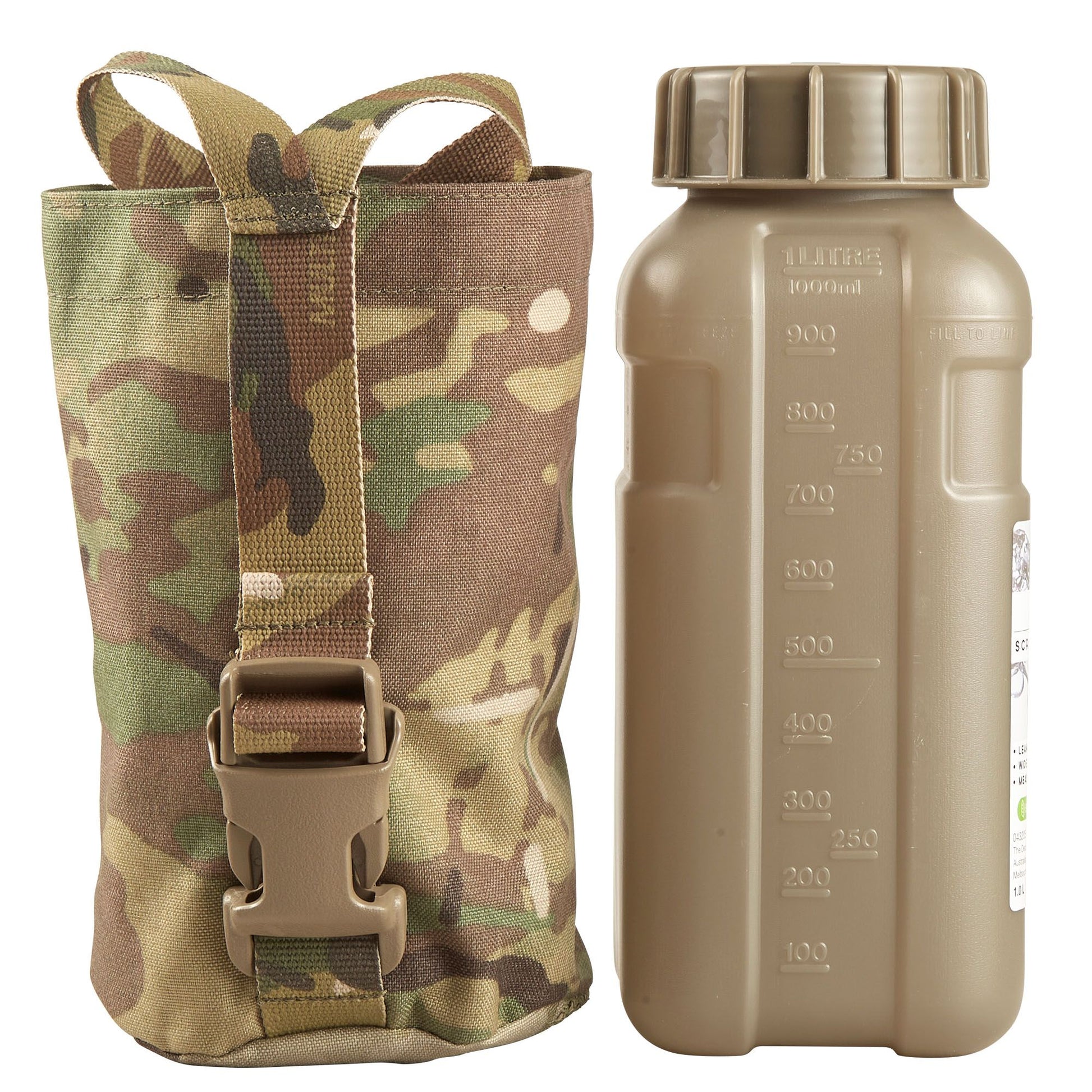The Nalgene Bottle Pouch is designed to hold a 32oz wide or narrow mouth Nalgene bottle with a titanium cup, a 1L flask. It features a Y style strap with an ITW side release buckle to secure the bottle. www.moralepatches.com.au
