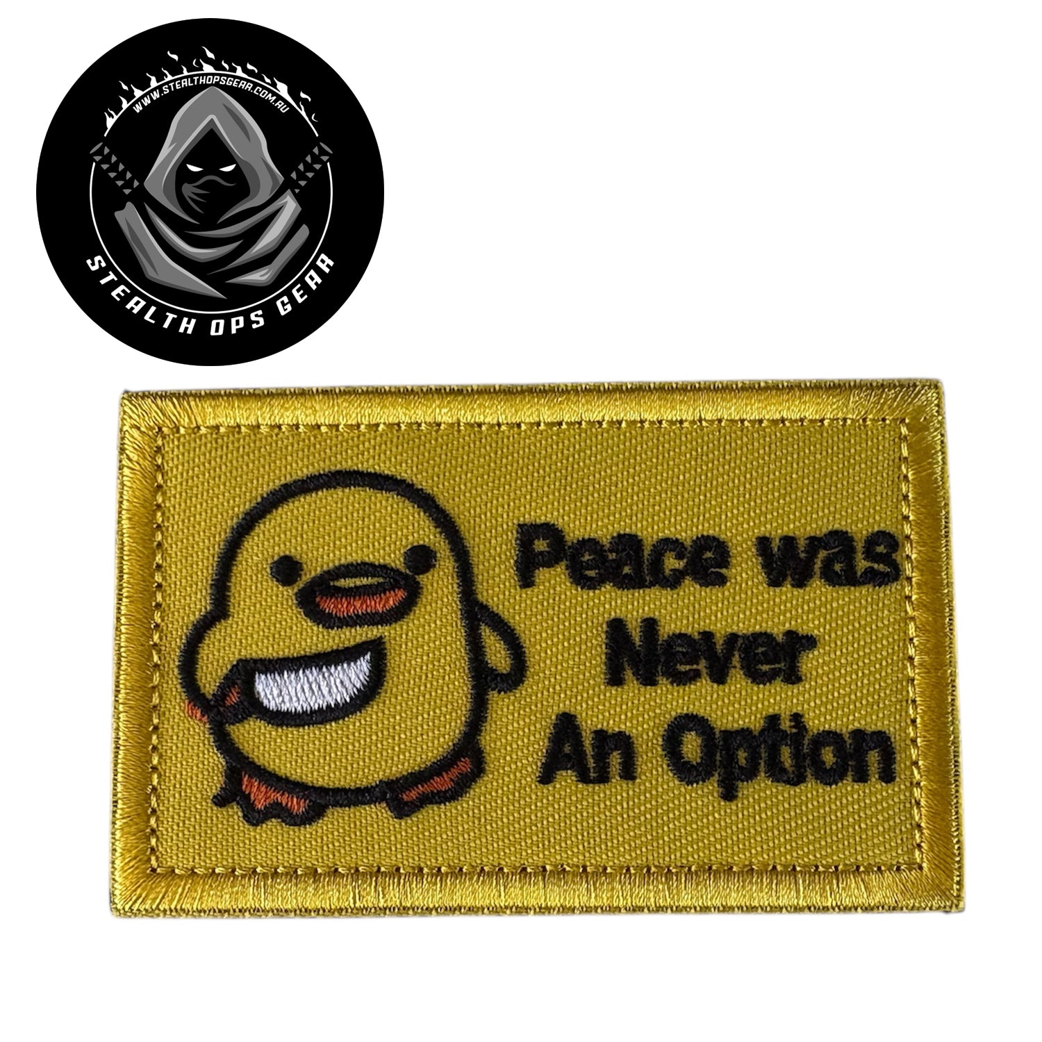 Peace Was Never An Option Embroidery Morale Patch - Stealth Ops Gear, measuring 8x5cm, is a striking and durable addition to personalize your gear with style and toughness. Crafted with high-quality embroidery, this patch features a versatile pattern that blends seamlessly with various tactical and outdoor equipment. www.moralepatches.com.au