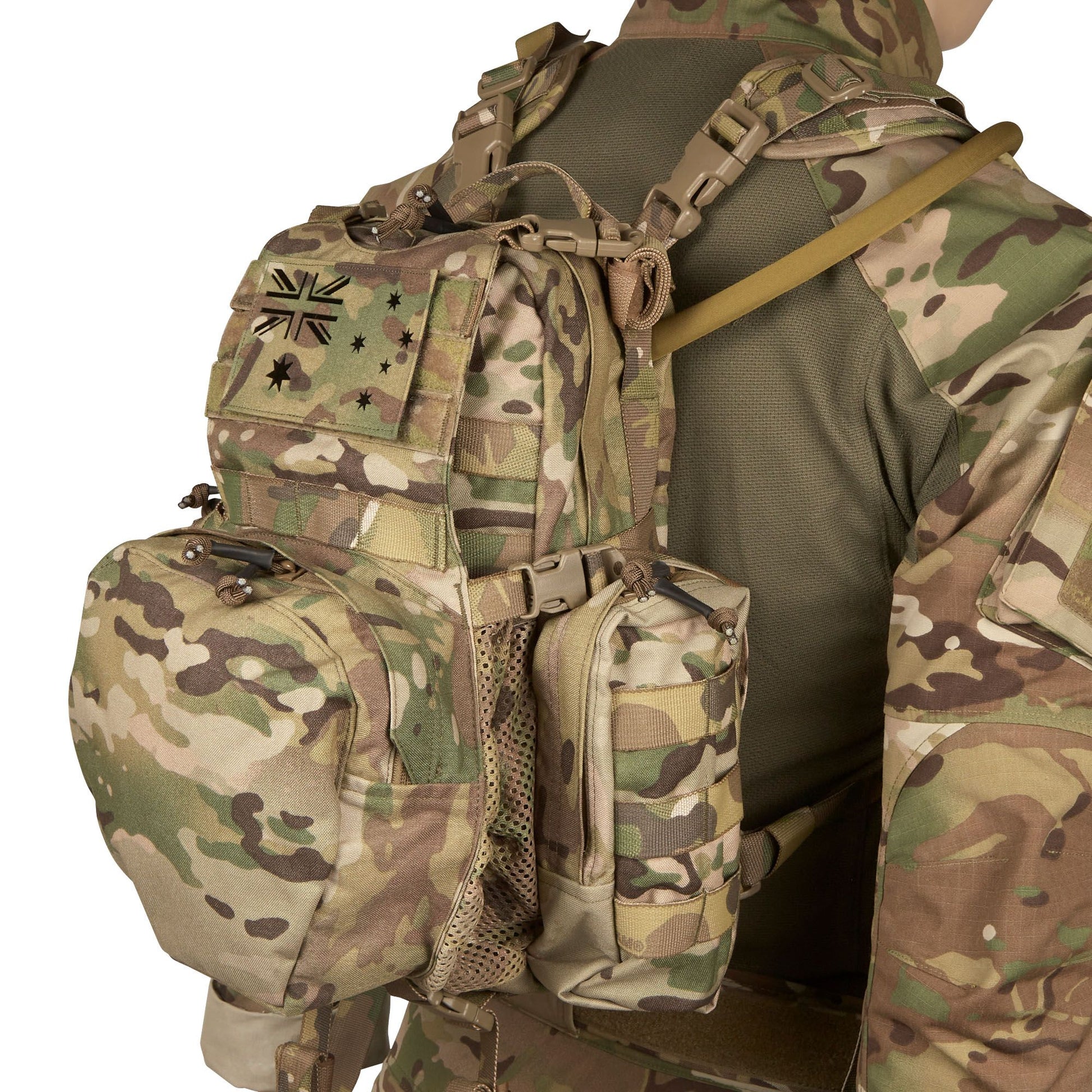 Main compartment 36cm (H) x 23.5cm (W) x 9.5cm (D) Side pockets: 19cm (H) x 9cm (W) x 5cm (D) Front zippered pouch: 25cm (at widest) x 6cm (D) Mesh cargo compartment: 20cm (H) x 23.5cm (W) x 14.5cm (D) Weight 1.02Kg www.moralepatches.com.au