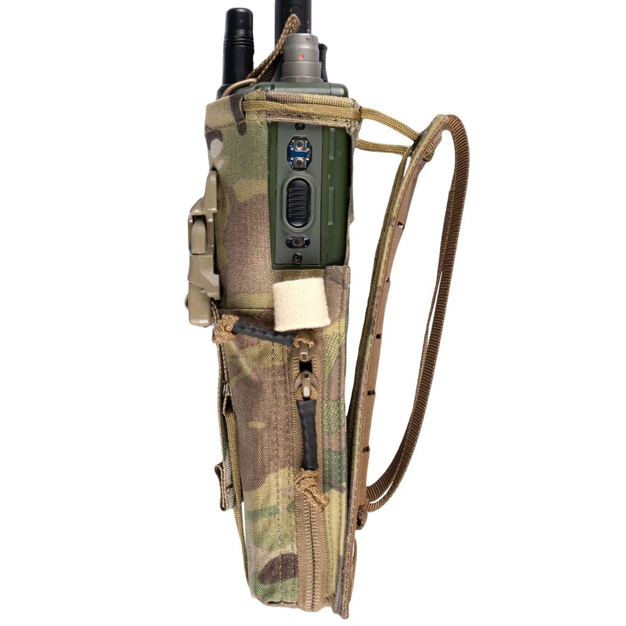 This pouch has been designed to securely hold an AN/PRC-152 Multiband Handheld Radio, with or without GPS module. The pouch has a drop-down feature for quick access to the screen and control panel of the radio without removing the radio. The zip at the bottom allows you to change out the battery quickly without having to disconnect any cables and head-sets. www.moralepatches.com.au