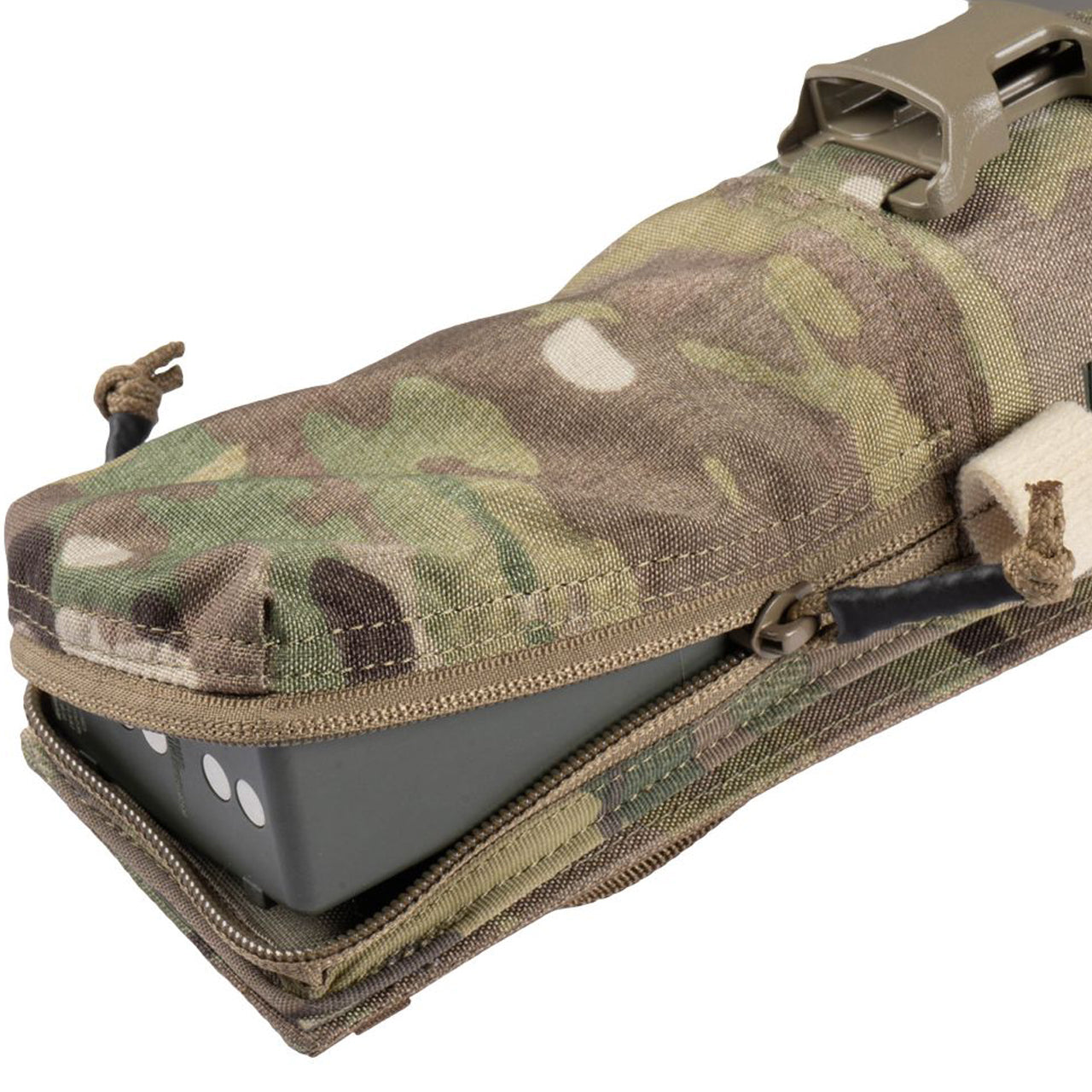This pouch has been designed to securely hold an AN/PRC-152 Multiband Handheld Radio, with or without GPS module. The pouch has a drop-down feature for quick access to the screen and control panel of the radio without removing the radio. The zip at the bottom allows you to change out the battery quickly without having to disconnect any cables and head-sets. www.moralepatches.com.au