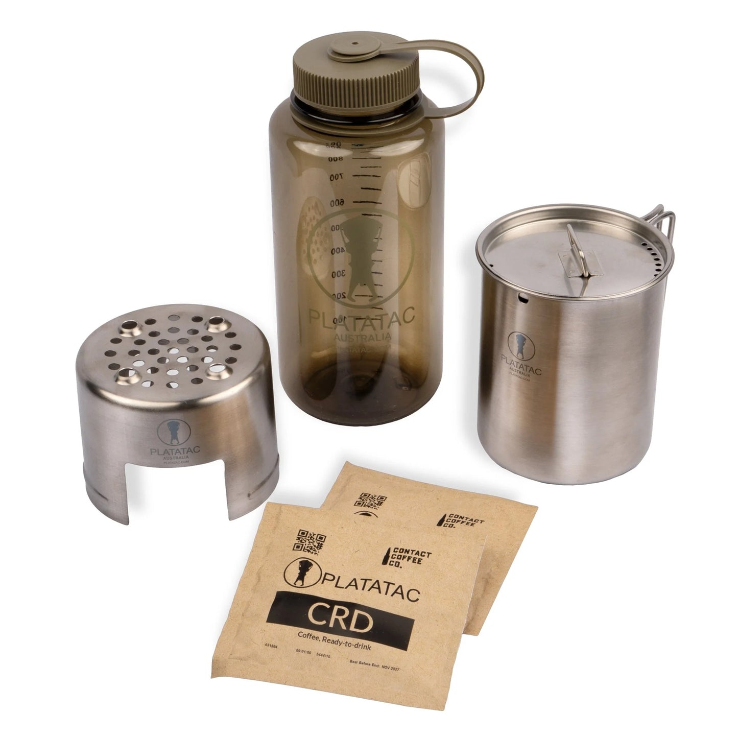 A compact, no-nonsense system for hot drinks, hydration, and sustainment in the field.

1 x Platatac Stainless Steel Field Cup

1 x Field Cup Cooker

1 x 1 Litre Rapid Fill Water Bottle

2 x sachets of Contact Coffee Co. coffee 
www.moralepatches.com.au