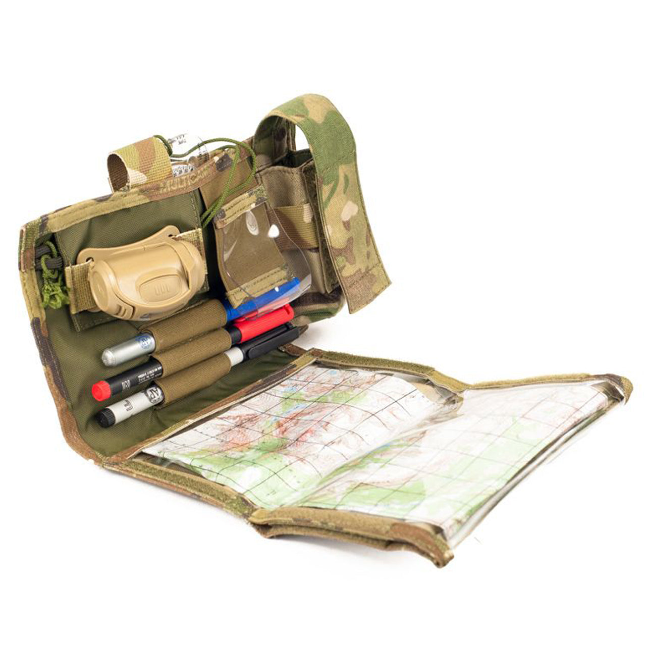 The GRG (Grid Reference Graphic) Admin panel is designed to hold small maps, checklists, target pictures or other key data needed in hard copy. www.moralepatches.com.au front view open with gear