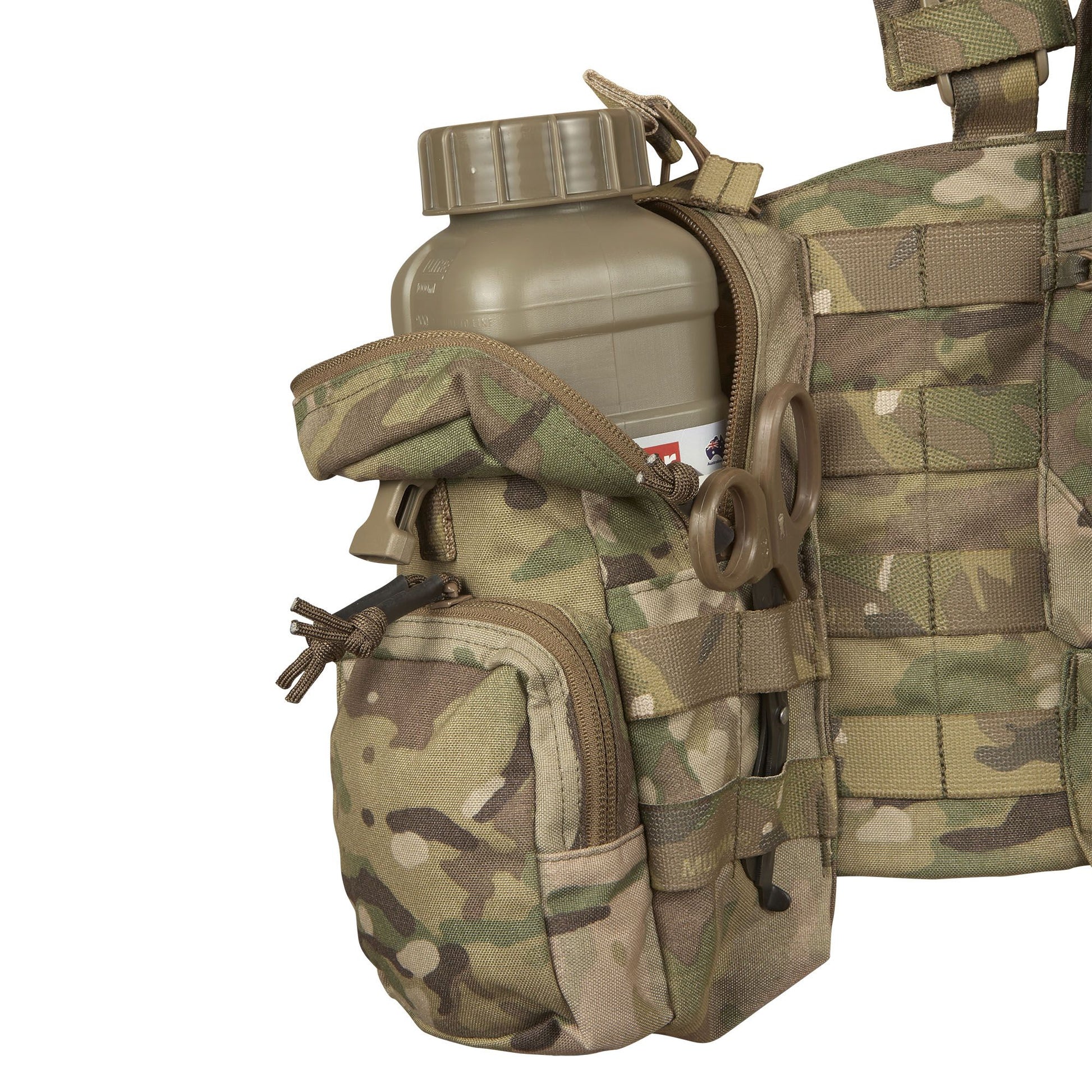 The magazine pouches have adjustable/removable lids to allow larger magazines, such as AK47 mags to be carried or allow easier access to mags by removing the flaps all together. They can also accommodate a pistol, black means (Baofeng) radio or a smoke grenade if required. Bungee retention around the mag pouches provides additional security for stowed items. www.moralepatches.com.au 
where the army shops
