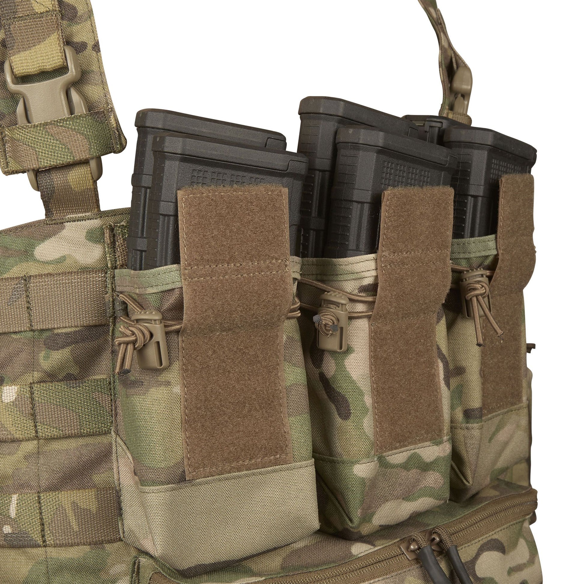 The magazine pouches have adjustable/removable lids to allow larger magazines, such as AK47 mags to be carried or allow easier access to mags by removing the flaps all together. They can also accommodate a pistol, black means (Baofeng) radio or a smoke grenade if required. Bungee retention around the mag pouches provides additional security for stowed items. www.moralepatches.com.au 
where the army shops