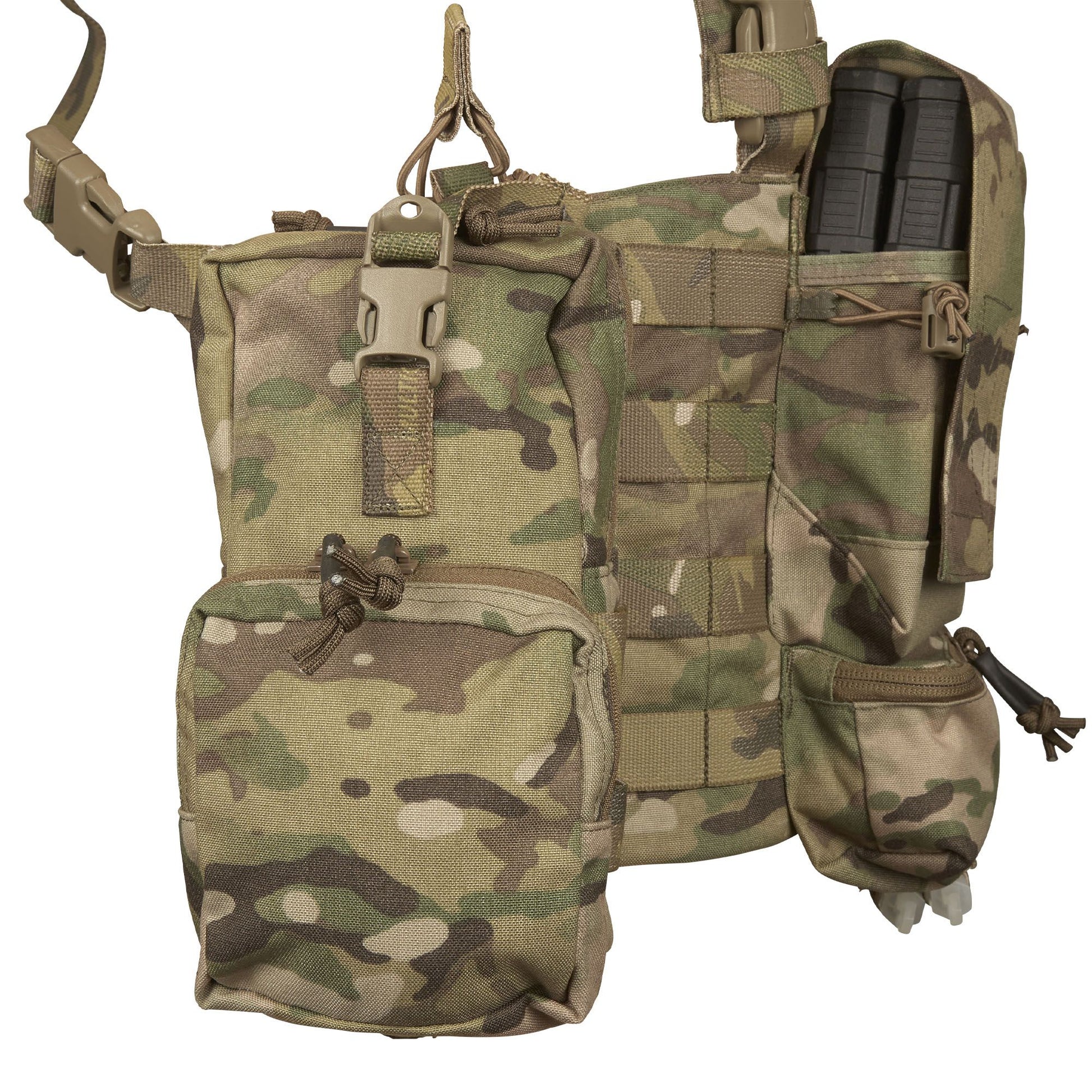 The magazine pouches have adjustable/removable lids to allow larger magazines, such as AK47 mags to be carried or allow easier access to mags by removing the flaps all together. They can also accommodate a pistol, black means (Baofeng) radio or a smoke grenade if required. Bungee retention around the mag pouches provides additional security for stowed items. www.moralepatches.com.au 
where the army shops