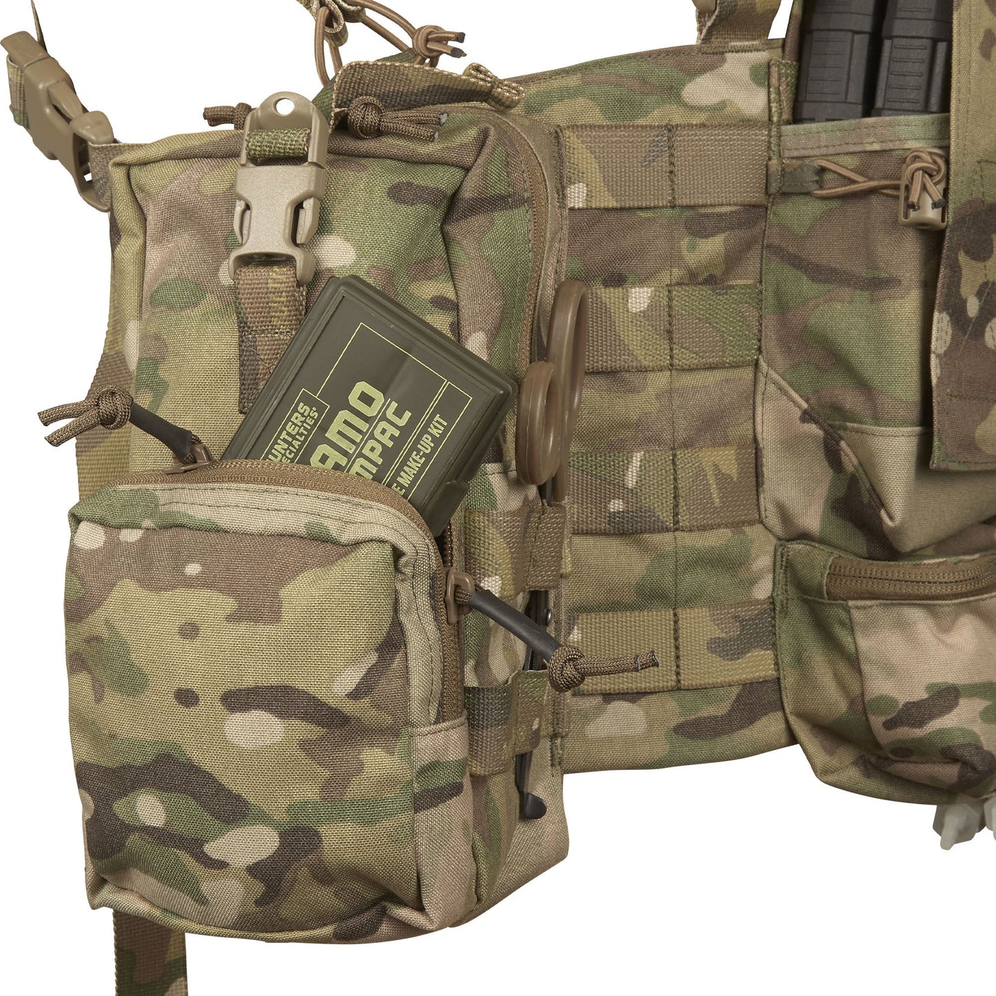 The magazine pouches have adjustable/removable lids to allow larger magazines, such as AK47 mags to be carried or allow easier access to mags by removing the flaps all together. They can also accommodate a pistol, black means (Baofeng) radio or a smoke grenade if required. Bungee retention around the mag pouches provides additional security for stowed items. www.moralepatches.com.au 
where the army shops
