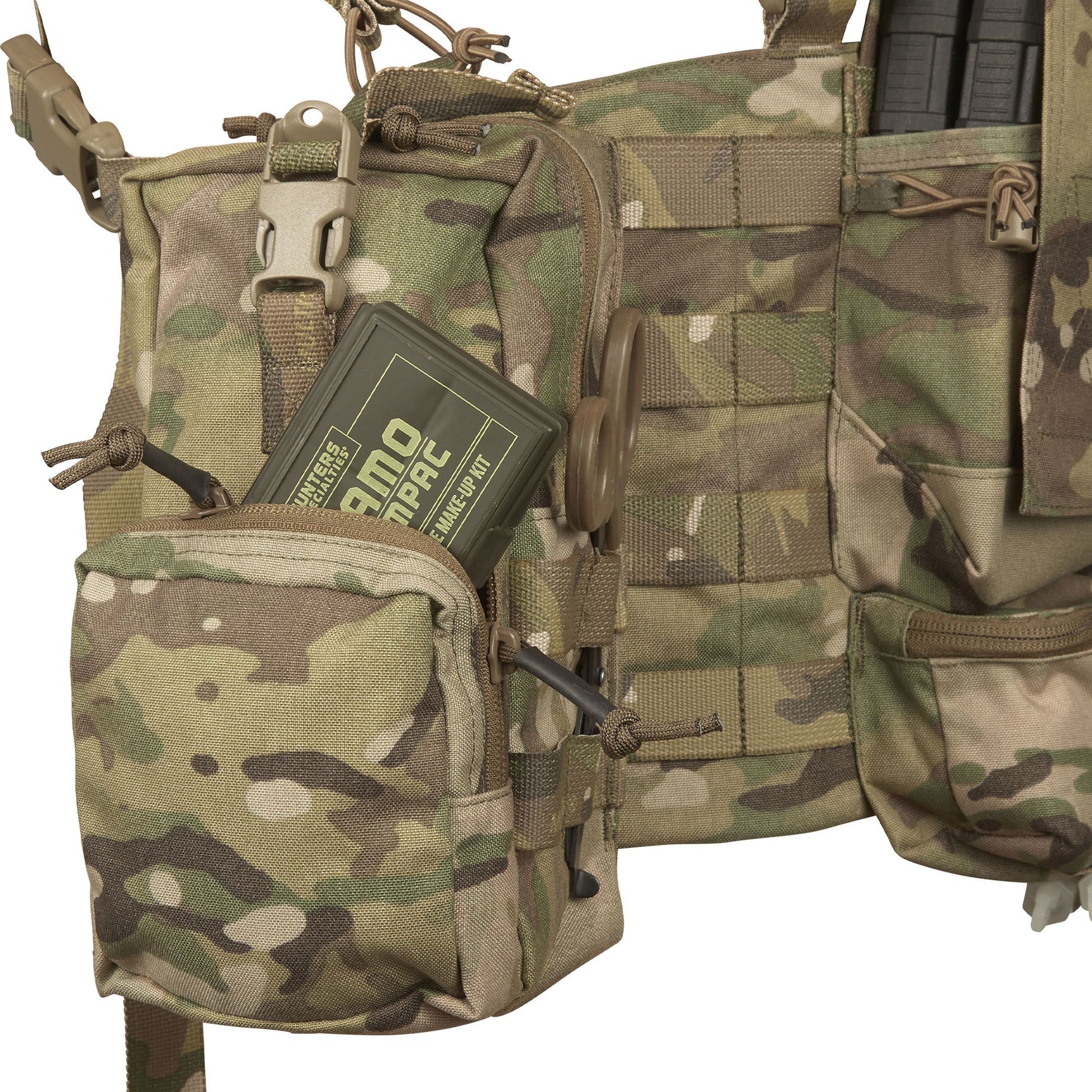 The magazine pouches have adjustable/removable lids to allow larger magazines, such as AK47 mags to be carried or allow easier access to mags by removing the flaps all together. They can also accommodate a pistol, black means (Baofeng) radio or a smoke grenade if required. Bungee retention around the mag pouches provides additional security for stowed items. www.moralepatches.com.au 
where the army shops