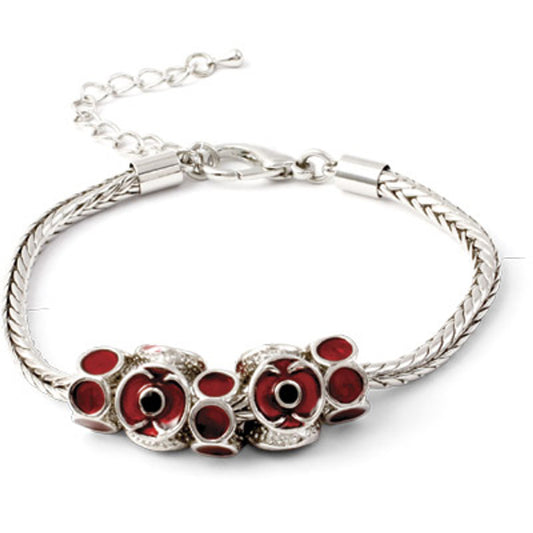 A classical elegant Silver-plated poppy charm bracelet to wear every day. Poppy Recollections is an evocative Australian-designed collection available from the military specialists to inspire remembrance and respect for the men and women who serve our country, both now and throughout history. www.moralepatches.com.au