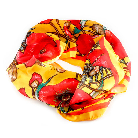 An elegant poppy chiffon scarf with a reminder of remembrance every day. This poppy chiffon scarf is inspired by the poignant artwork of Australian artist Adriana Seserko. www.moralepatches.com.au