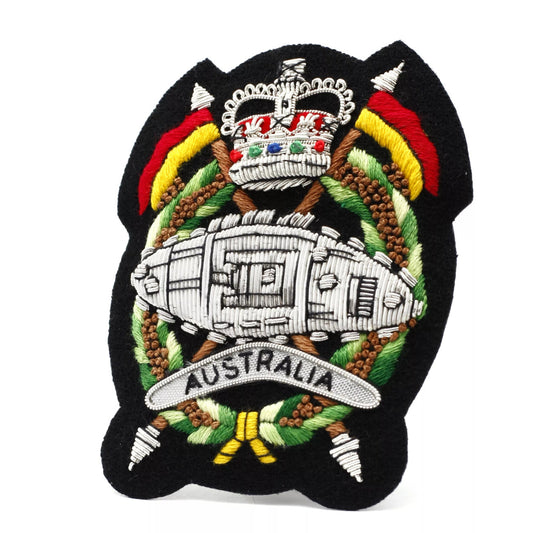 An impressive Royal Australian Armoured Corps (RAAC) Bullion Pocket Badge - ideal for your blazer, bag, or wherever you desire to show off your refined taste! About 80x80mm in size, with three butterfly clasps to keep it snug and secure. www.moralepatches.com.au