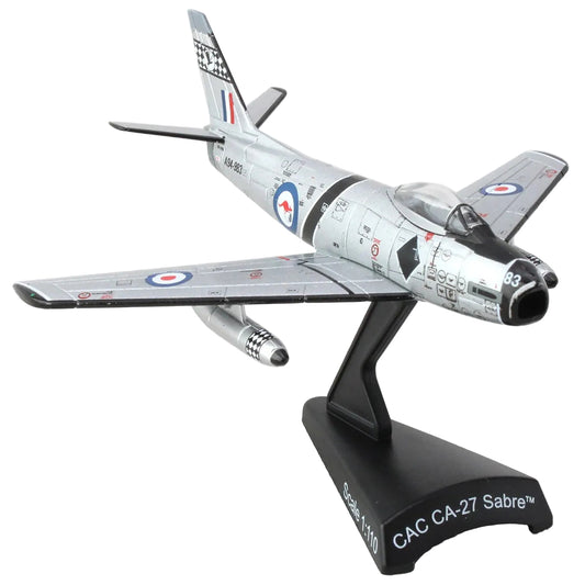 The CAC-27 Sabre represents a pivotal chapter in RAAF aviation history, serving as a key platform during the Cold War era. This Postage Stamp 1:110 scale diecast metal model faithfully reproduces the aircraft's authentic RAAF livery and markings with museum-quality precision. www.moralepatches.com.au