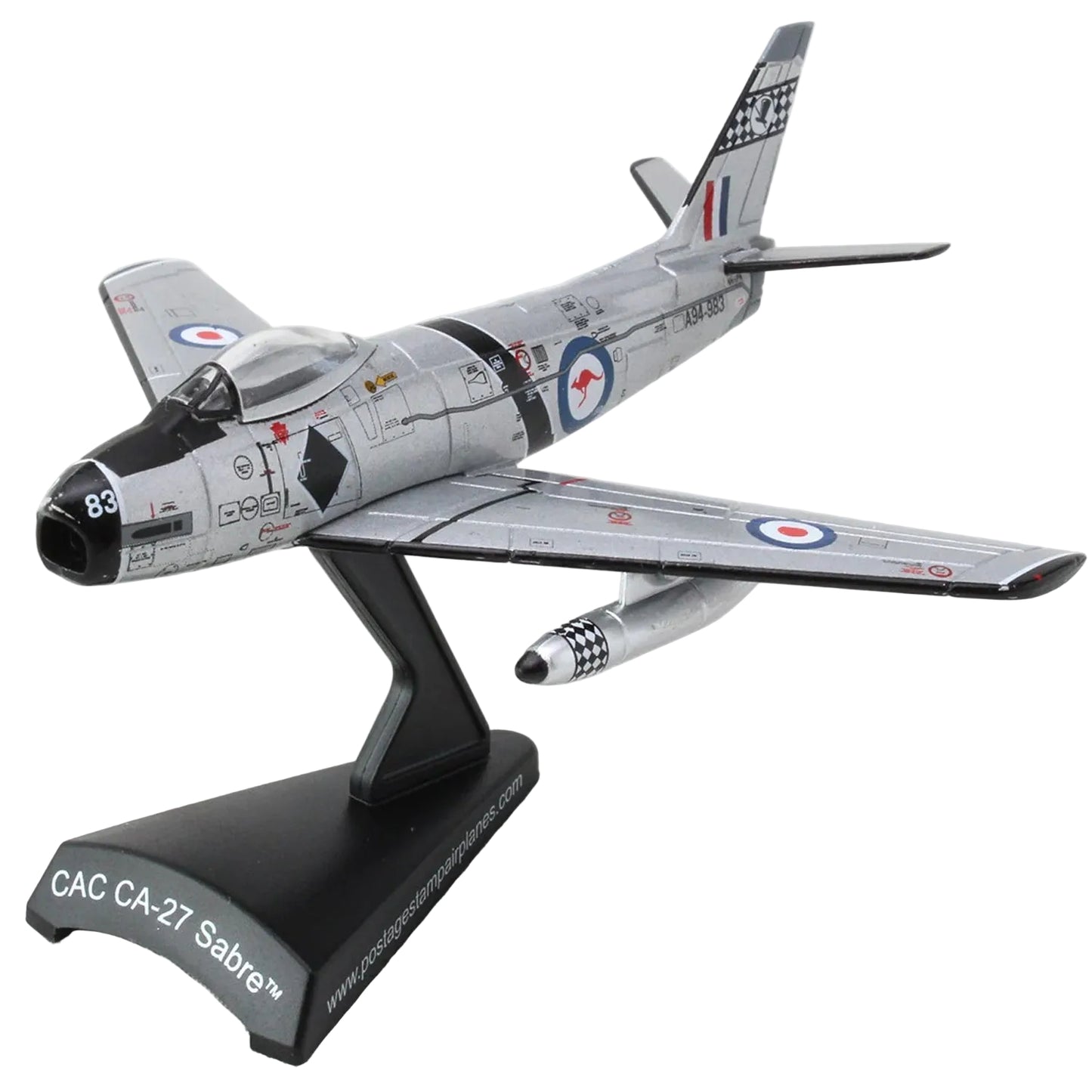 The CAC-27 Sabre represents a pivotal chapter in RAAF aviation history, serving as a key platform during the Cold War era. This Postage Stamp 1:110 scale diecast metal model faithfully reproduces the aircraft's authentic RAAF livery and markings with museum-quality precision. www.moralepatches.com.au