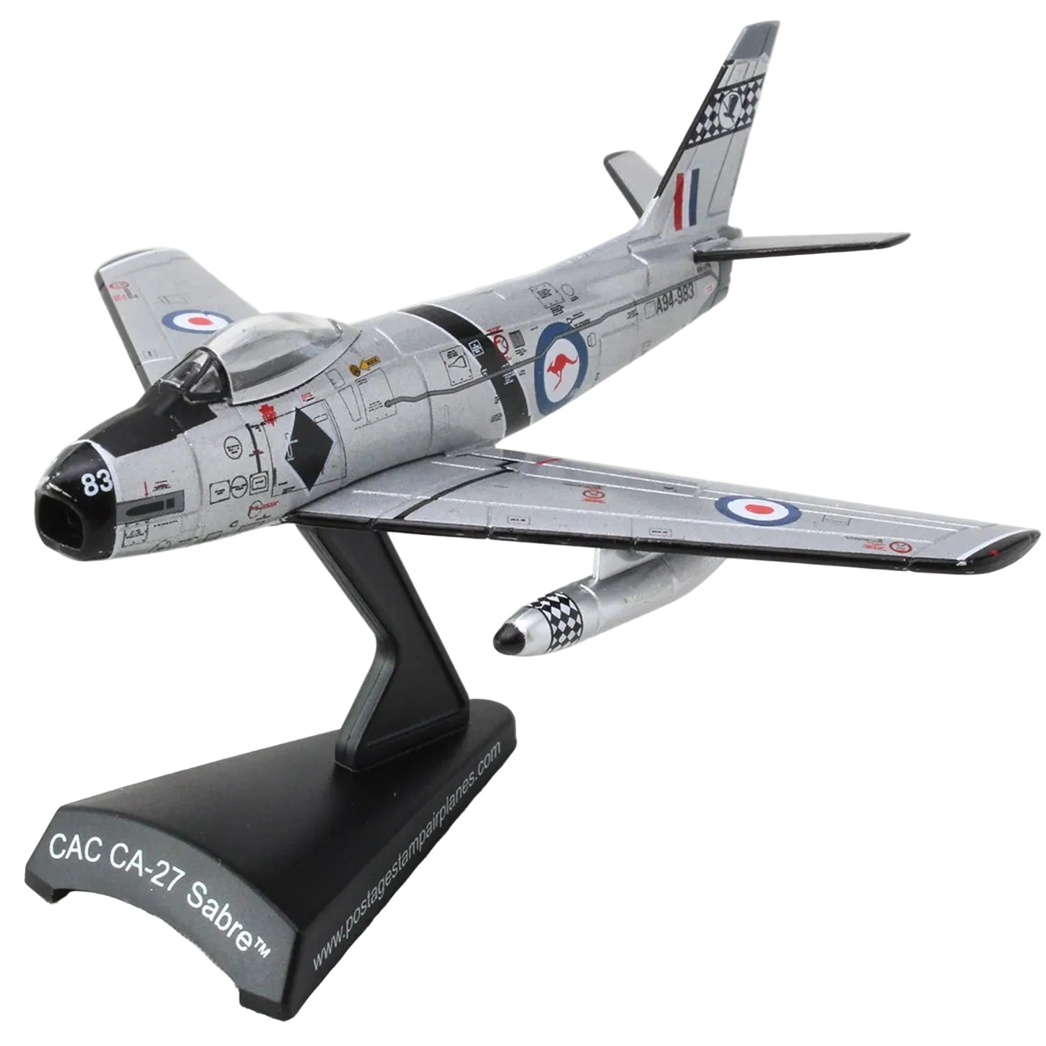 The CAC-27 Sabre represents a pivotal chapter in RAAF aviation history, serving as a key platform during the Cold War era. This Postage Stamp 1:110 scale diecast metal model faithfully reproduces the aircraft's authentic RAAF livery and markings with museum-quality precision. www.moralepatches.com.au