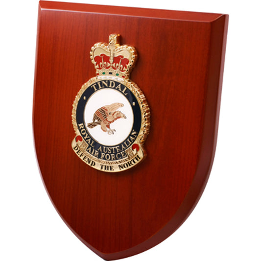 An Exceptional RAAF Tindal Plaque - order now and make a lasting impression. This stunning plaque showcases a 100mm full colour enamel crest, elegantly placed on a 200x160mm timber finish shield. www.moralepatches.com.au