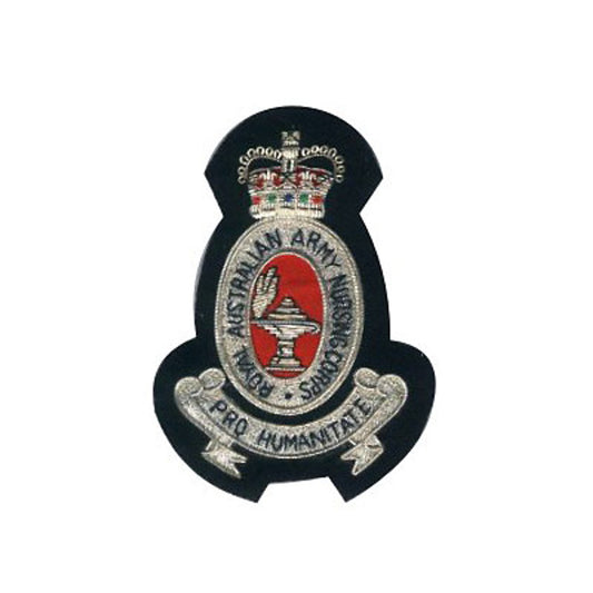 Make a statement with this exquisite RAANC Bullion Pocket Badge. Perfect for your blazer, bag, or any other desired location. Measuring approximately 80x80mm, this badge is held securely with 3 butterfly catches on the back. Flaunt your style with this stunning piece! www.moralepatches.com.au