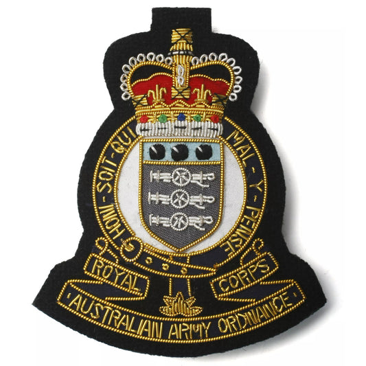 Superb Royal Australian Army Ordnance Corps (RAAOC) Bullion Pocket Badge perfect for your Blazer, bag or where you want a stylish badge. www.moralepatches.com.au