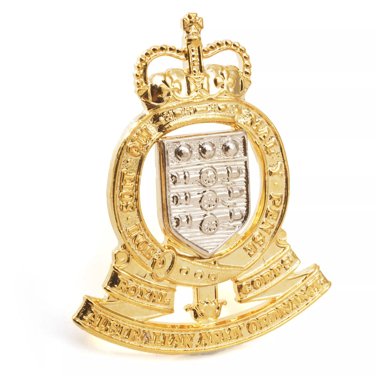 This sensational badge is the perfect hat badge for wear or for your collection. Featuring the Royal Australian Army Ordnance Corps badge in gold and silver, this hat badge is designed to fit perfectly on standard uniform hats. Add this hat badge to your collection today. www.moralepatches.com.au