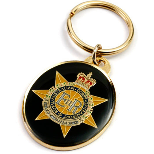 This lustrous 40mm gold-plated, enamel-coated Royal Australian Corps of Transport (RACT) key ring is ideal for elegance and organization, sure to spark conversation. An accessory you'll treasure for a lifetime, this beautifully crafted and eye-catching key ring is sure to add a touch of sophistication to any ensemble. It's a timeless must-have for the discerning collector. www.moralepatches.com.au
