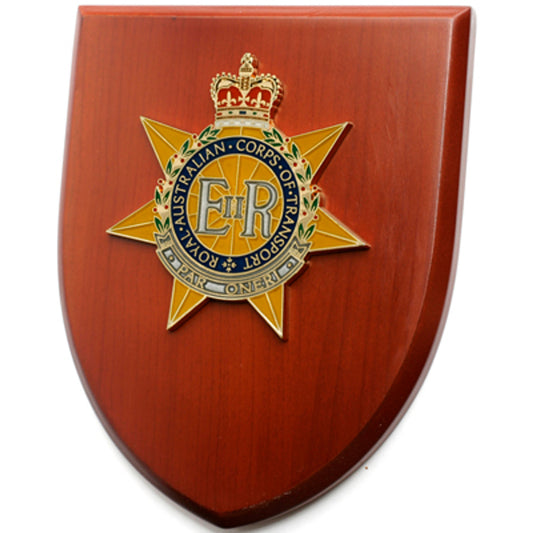 An Exceptional Royal Australian Corps of Transport (RACT) Plaque is now available for order. This stunning plaque showcases a 100mm full colour enamel crest, elegantly placed on a 200x160mm timber finish shield.  www.moralepatches.com.au