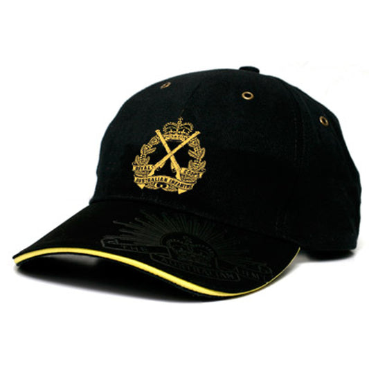 This RAInf Black Cap is a stylish and functional piece of headwear. Expertly crafted from heavy brushed cotton with the RAInf crest and iconic Rising Sun Badge, it's the perfect choice for those who proudly display their love and loyalty to the Royal Australian Infantry Corps. www.moralepatches.com.au
