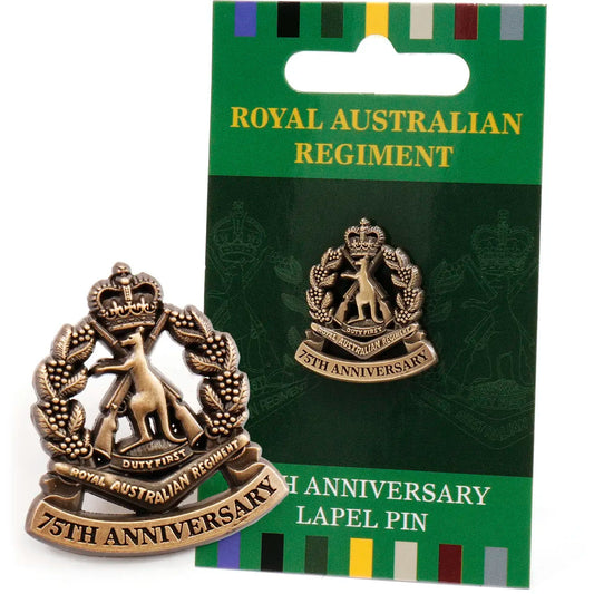 Celebrate 75 Years of valour with the Royal Australian Regiment Lapel Pin. In honour of the Royal Australian Regiment's (RAR) remarkable 75-year journey, we proudly present the 75th Anniversary Royal Australian Regiment Lapel Pin. This exquisite lapel pin is a testament to the RAR's legacy of courage, honour, and unwavering service. www.moralepatches.com.au