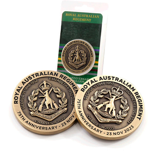 Introducing the 75th Anniversary Royal Australian Regiment Medallion in blister pack - a stunning tribute to a storied history of valour, dedication, and unwavering service.  www.moralepatches.com.au